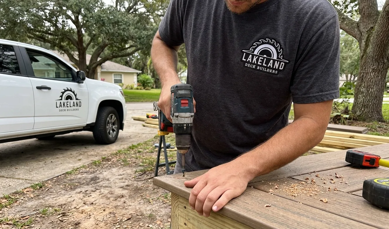Lakeland Deck Builders branded work truck parked at a job site