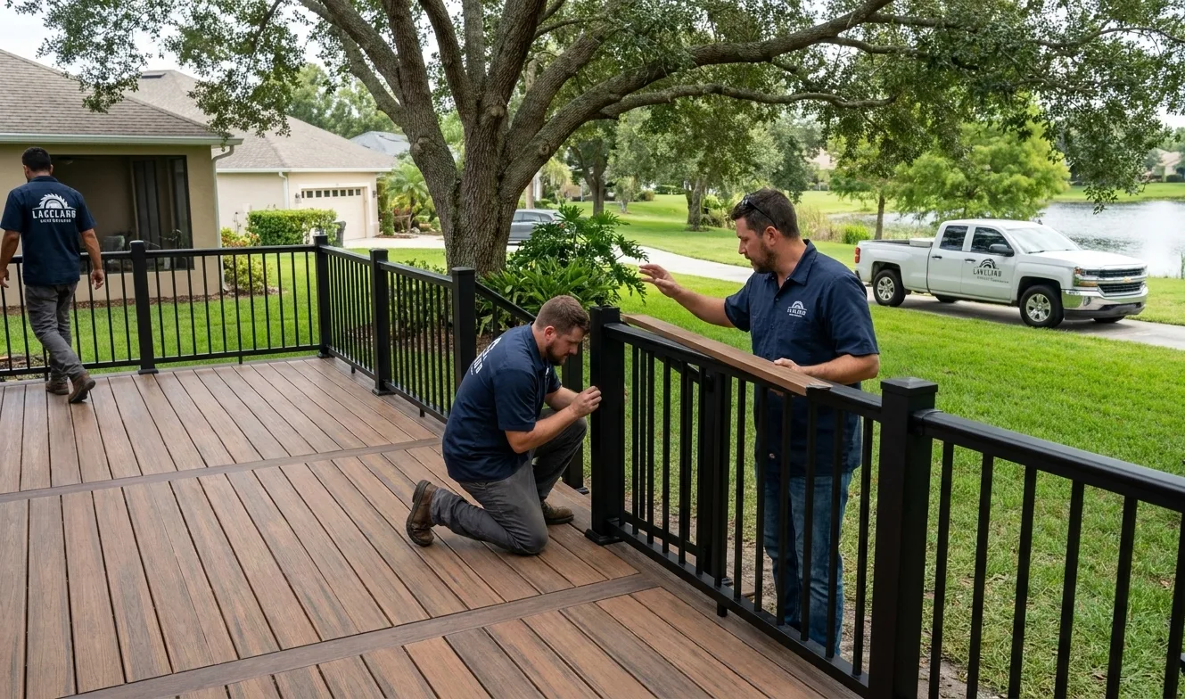 Composite Trex deck with railing built by Lakeland Deck Builders
