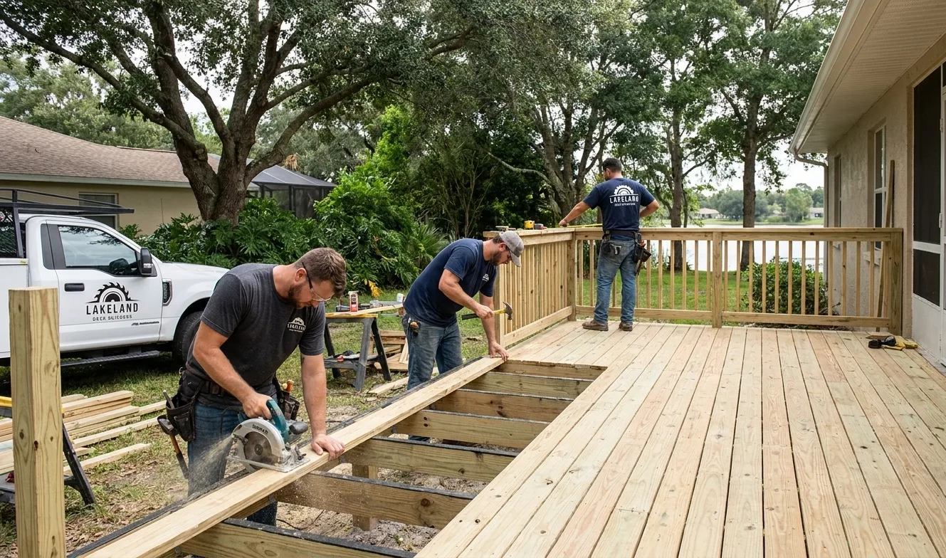 Lakeland Deck Builders crew building a custom pressure-treated wood deck