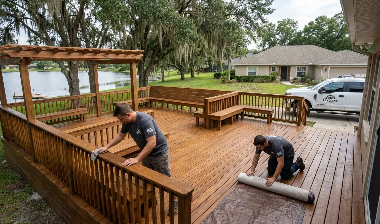 Deck repair and staining project completed by Lakeland Deck Builders