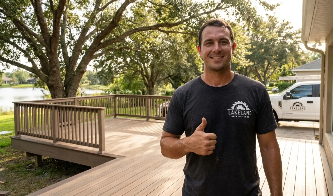 Lakeland Deck Builders contractor giving a thumbs up on a finished composite deck